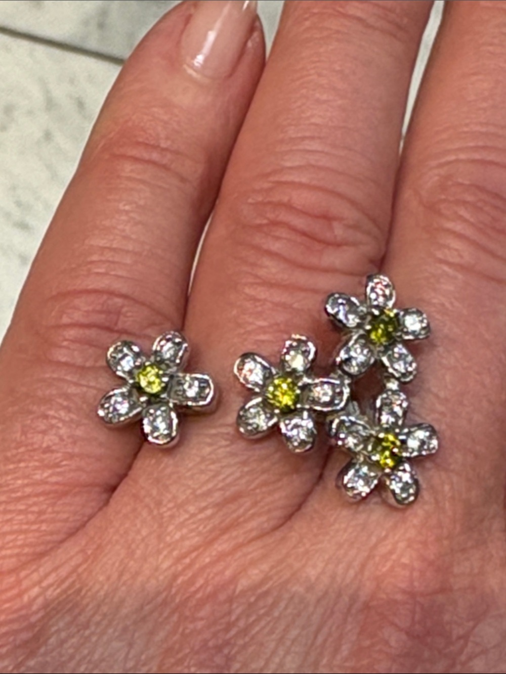 Silver Floral Cluster Ring with Yellow Center Stones - Women Jewelry
